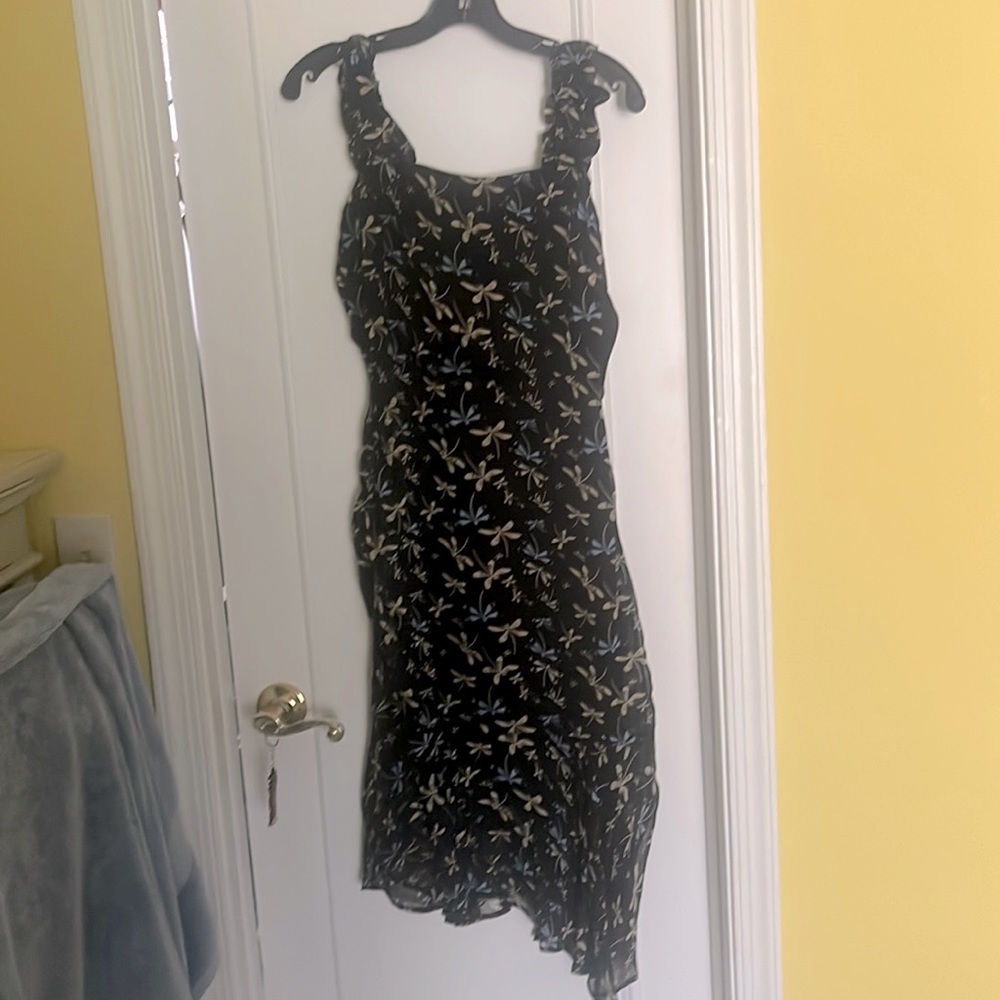 Black with blue and gold dragonflies size small asymmetrical sun dress